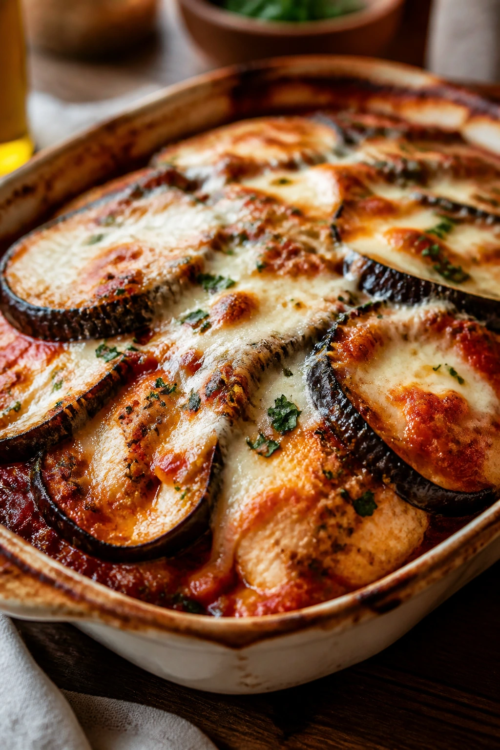 Close-up of a bubbling chicken and eggplant casserole in a rustic dish with melted mozzarella