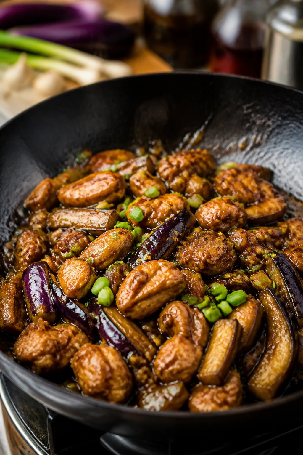 Chicken with eggplant in garlic bean sauce in a sizzling pan