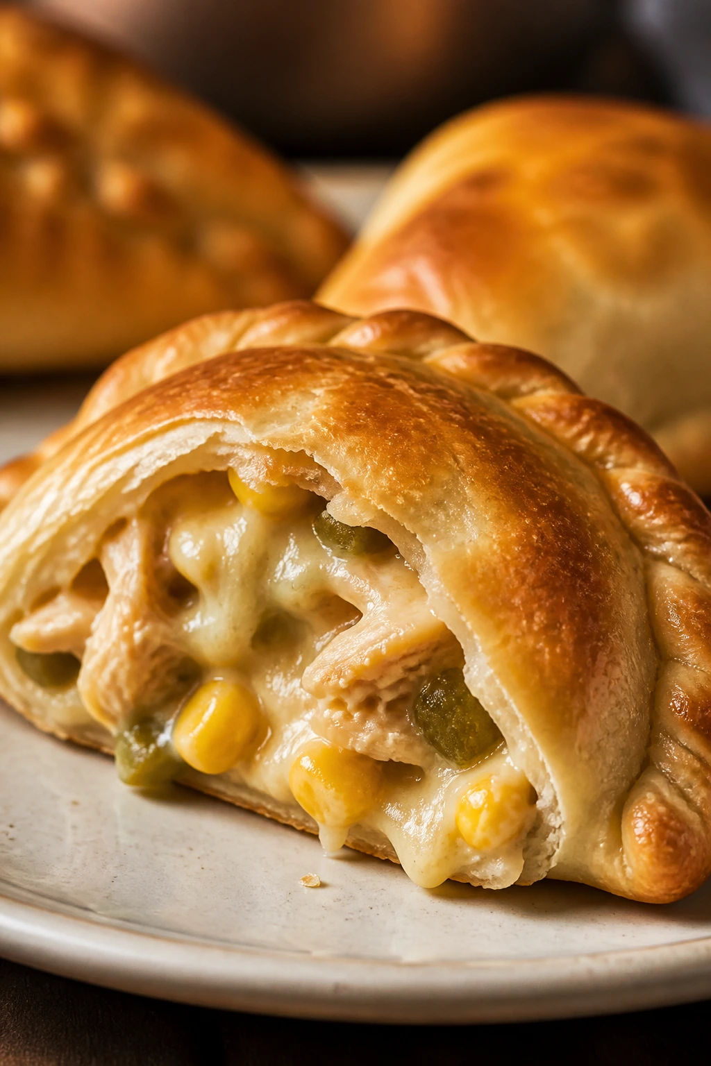 Chicken corn green chile empanada on plate