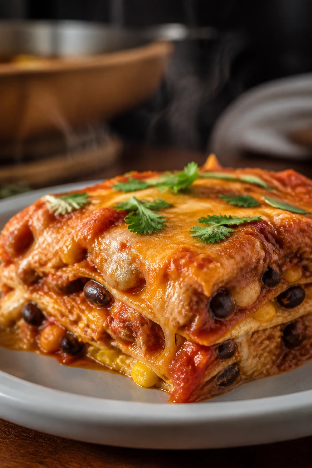 Chicken enchilada casserole square on plate