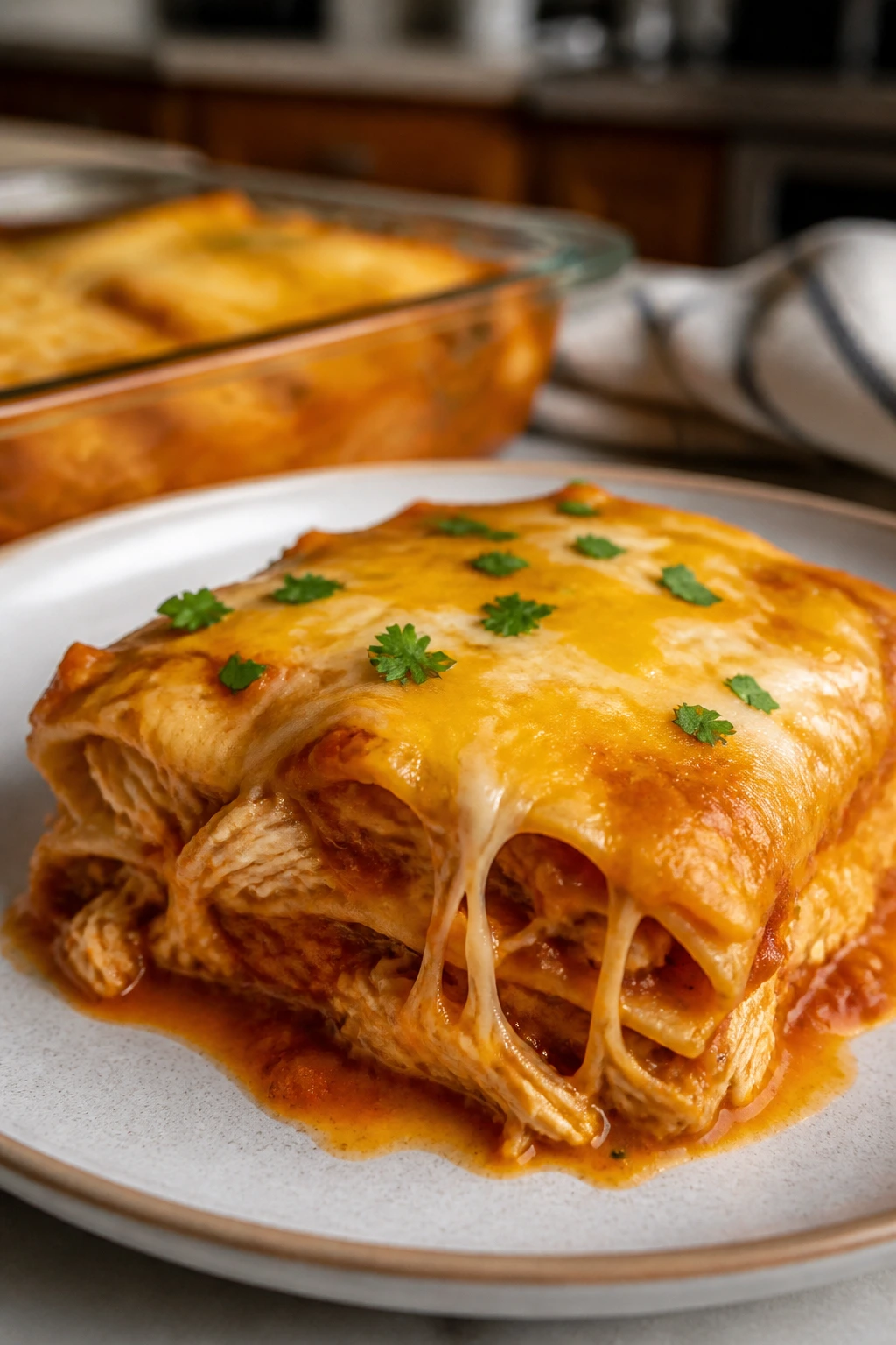 Close-up of a chicken enchilada casserole slice atop a plate in a home kitchen