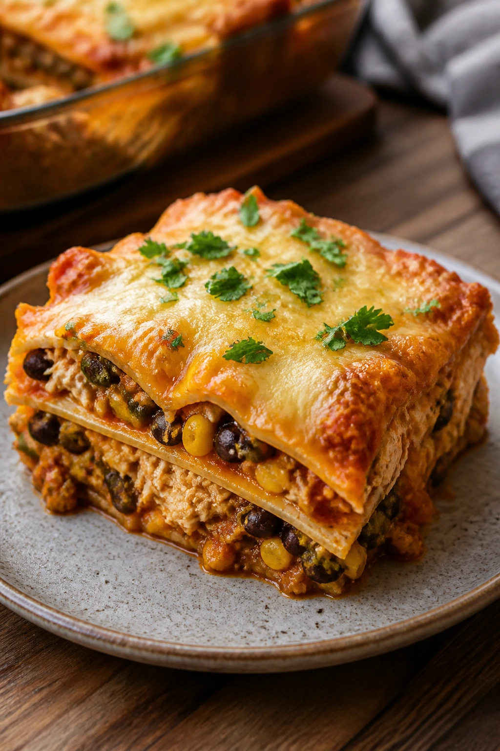 Slice of chicken enchilada casserole on plate