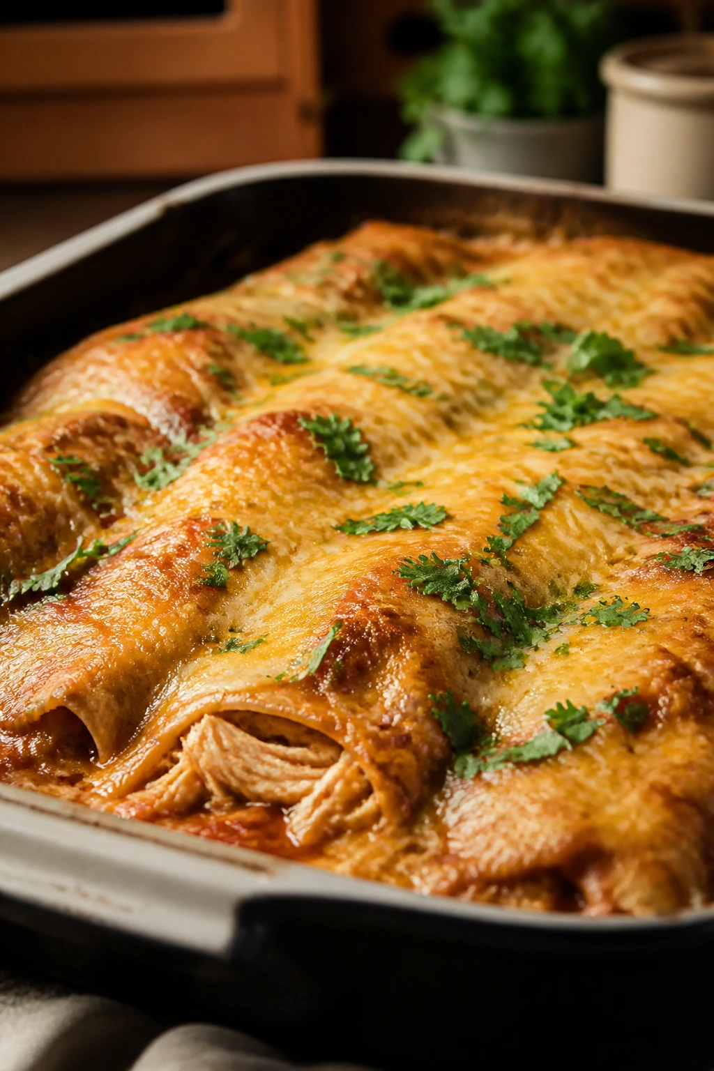 Close-up of layered chicken enchilada casserole in a baking dish