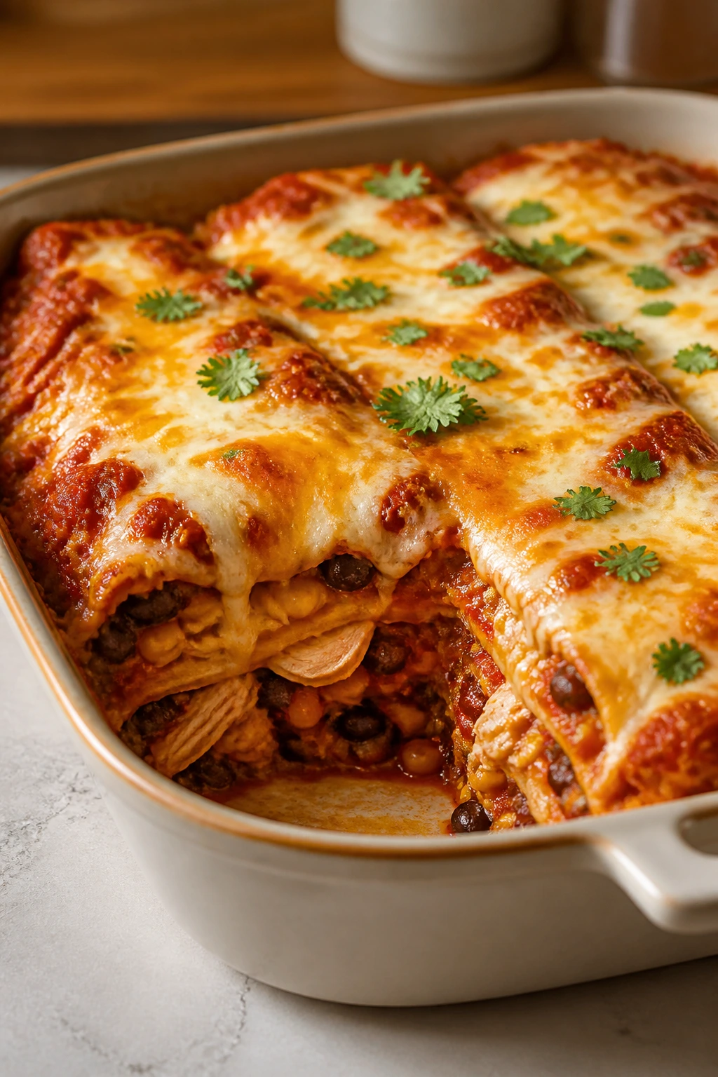 Close-up of layered chicken enchilada casserole with red sauce and cheese