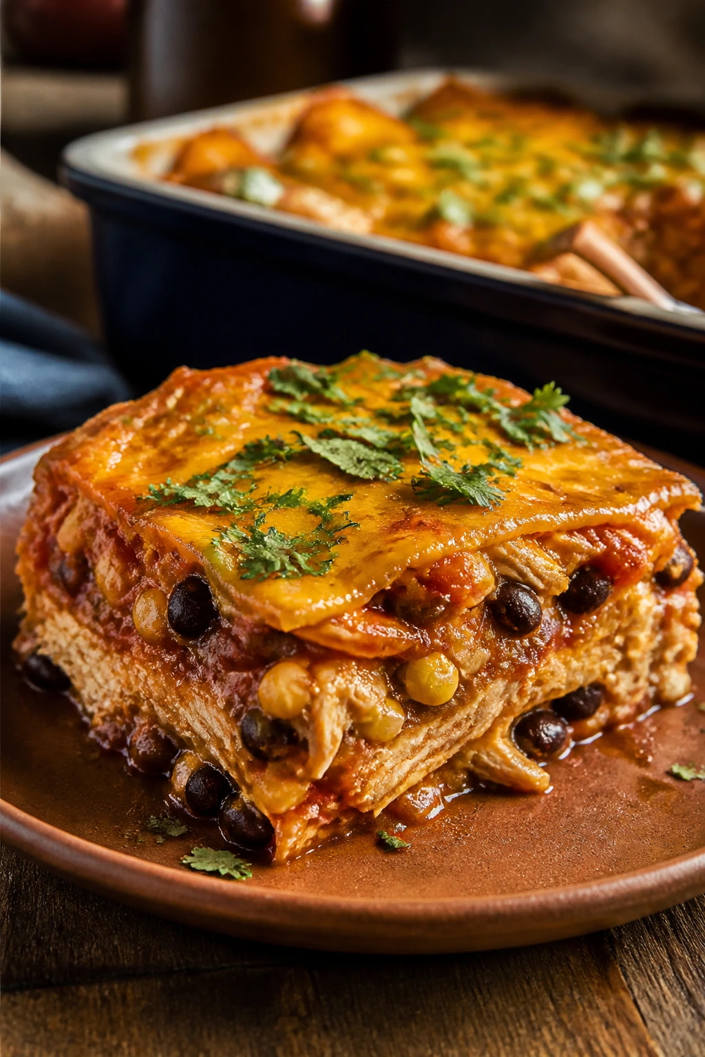 Close-up of a slice of chicken enchilada casserole on a plate, showing shredded chicken, beans, corn, and cheese