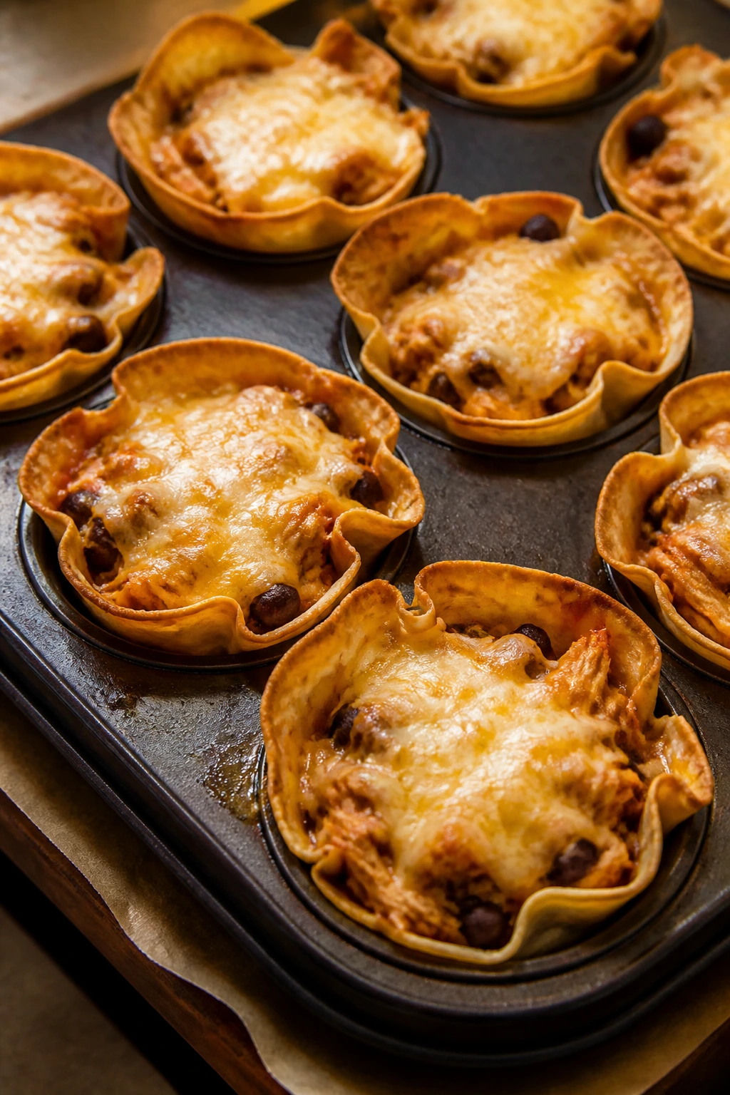 Golden chicken enchilada cups on a parchment-lined tray for lunch.