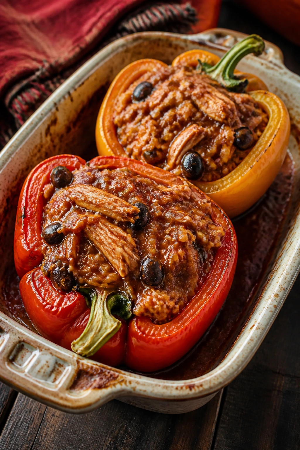 Close-up of enchilada stuffed peppers with filling