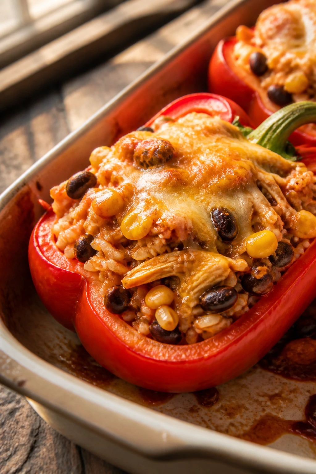 Close-up of a stuffed bell pepper half filled with chicken, beans, corn, and rice in a baking dish