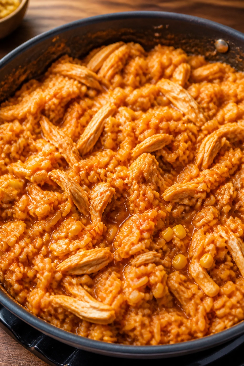 Close-up of chicken enchilada rice in a skillet