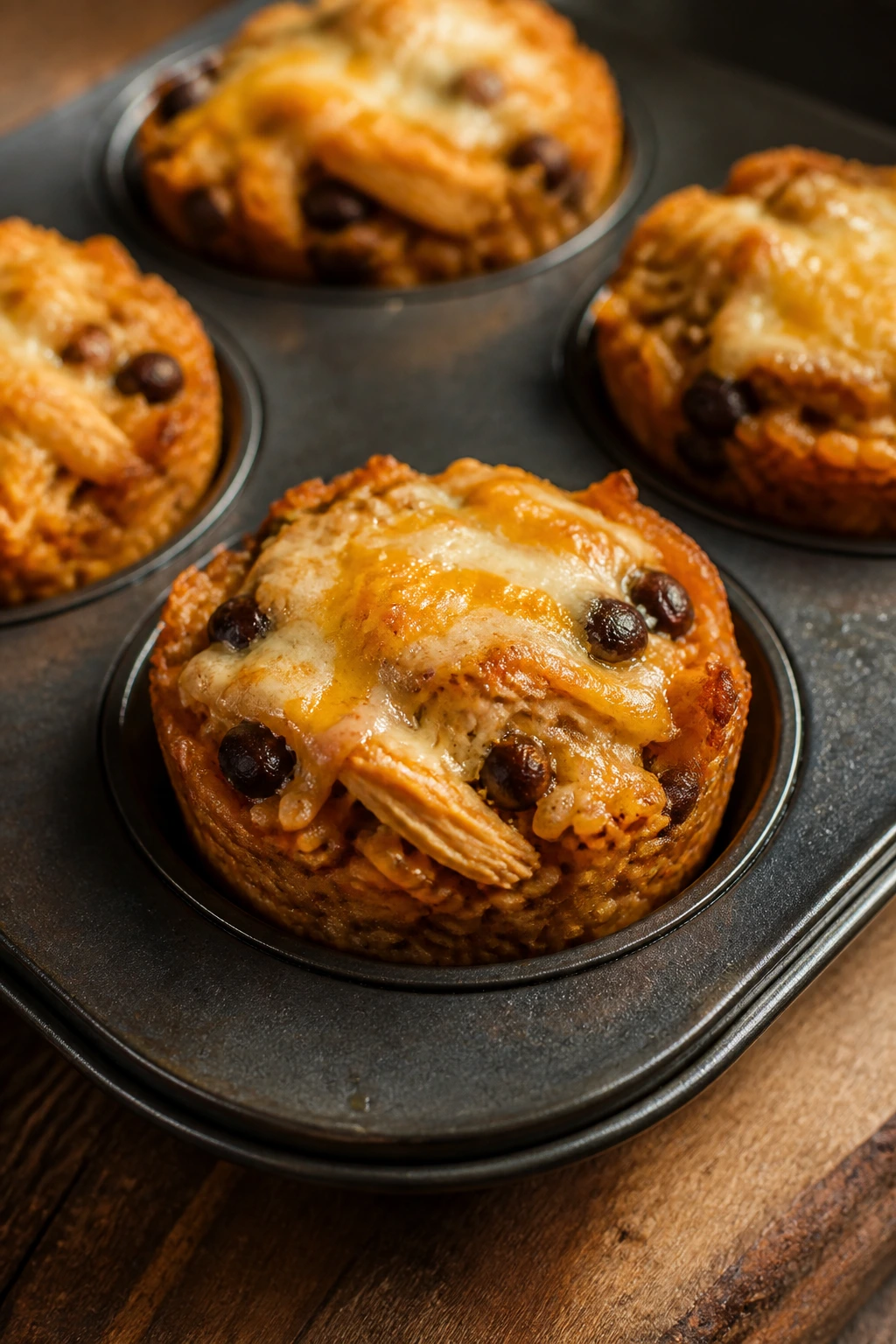 Golden-brown chicken enchilada rice cups in muffin tin on wooden counter