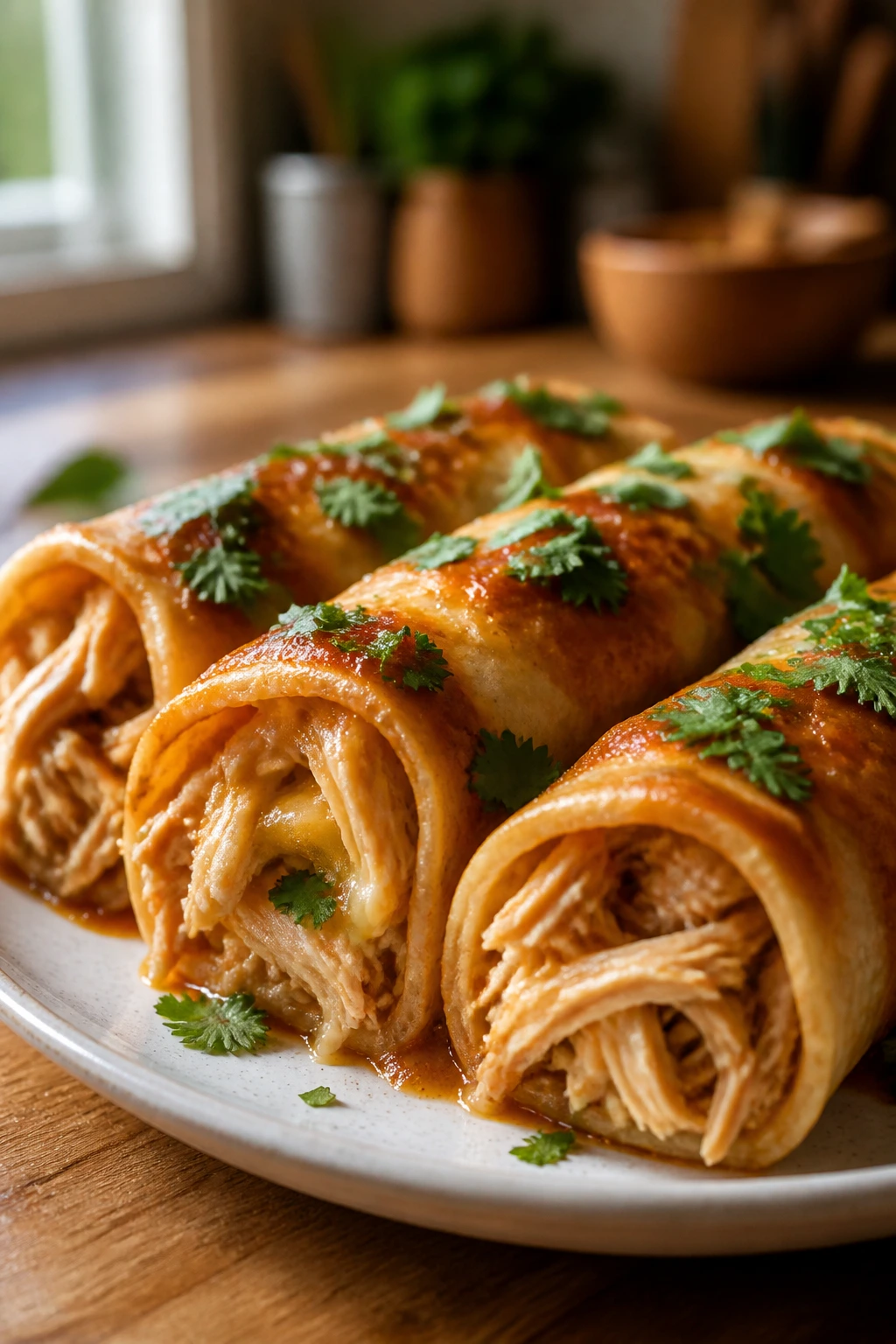Close-up of chicken enchilada roll-ups on a warm plate in a cozy kitchen