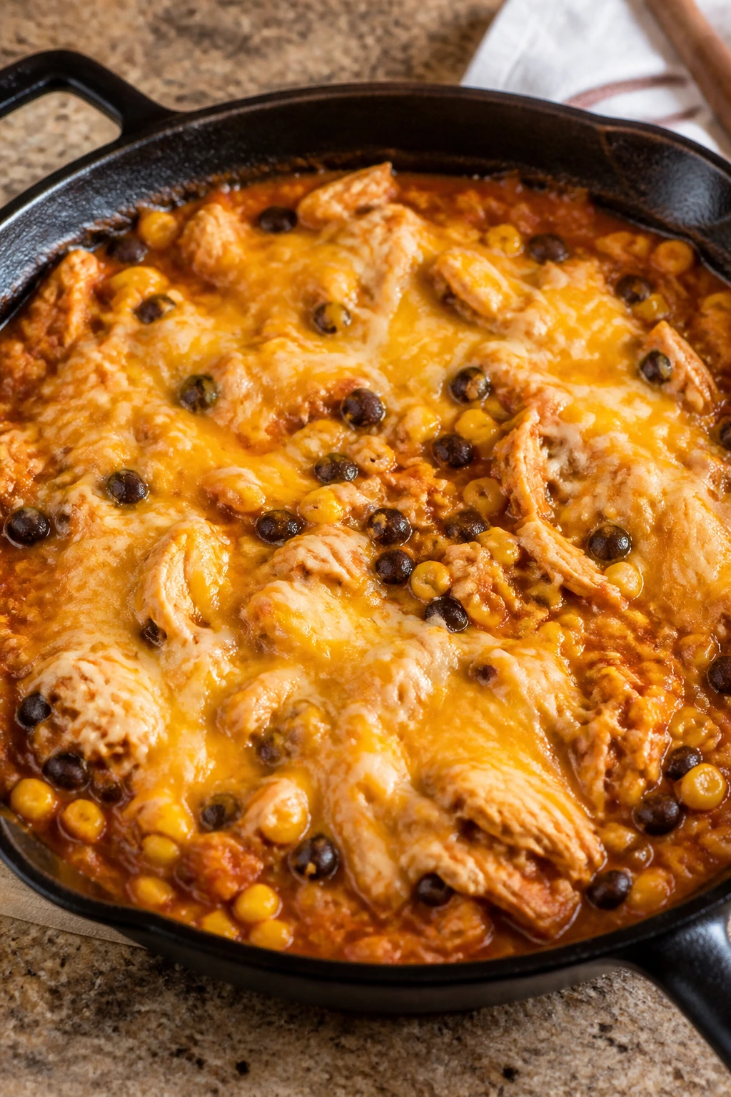 Close-up of chicken enchilada skillet with beans and corn