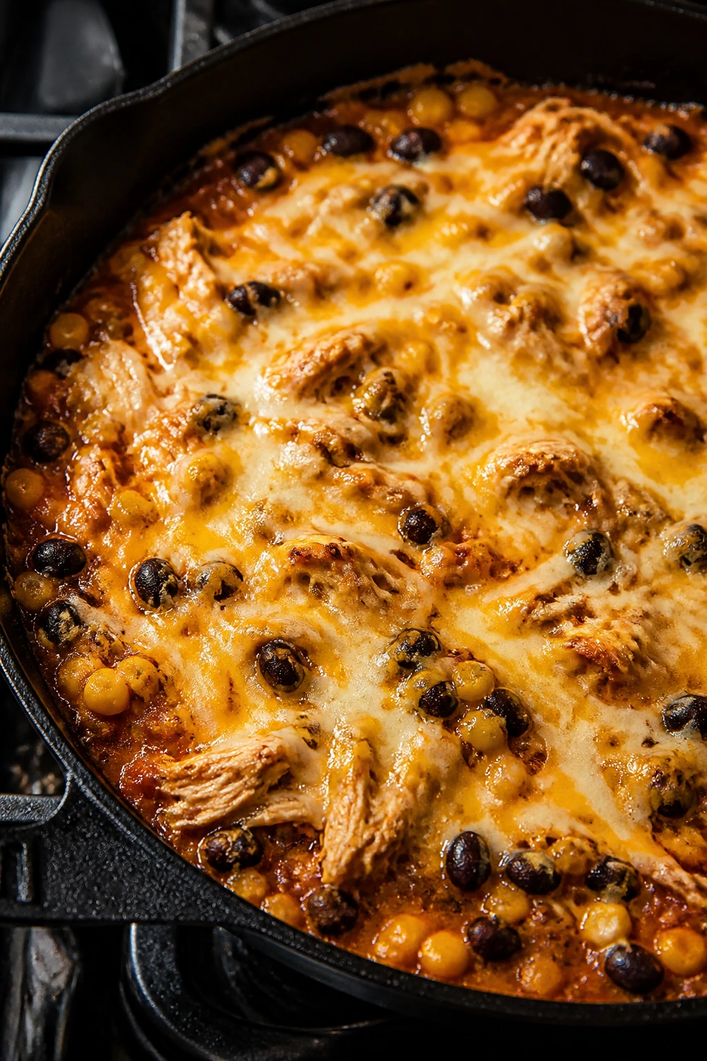 Skillet enchilada with chicken, beans, corn and melted cheese