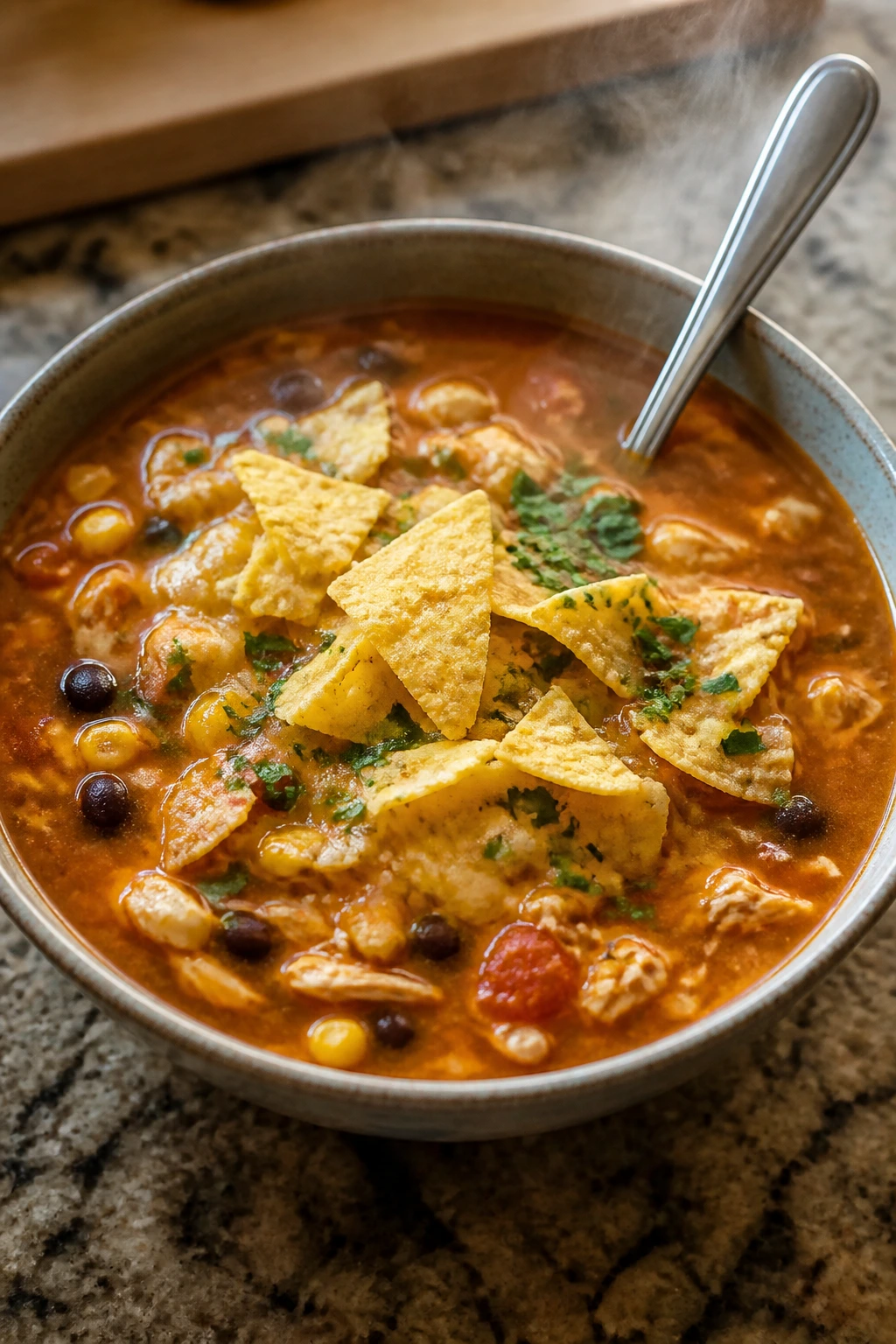 Bowl of chicken enchilada soup with tortilla chips on top