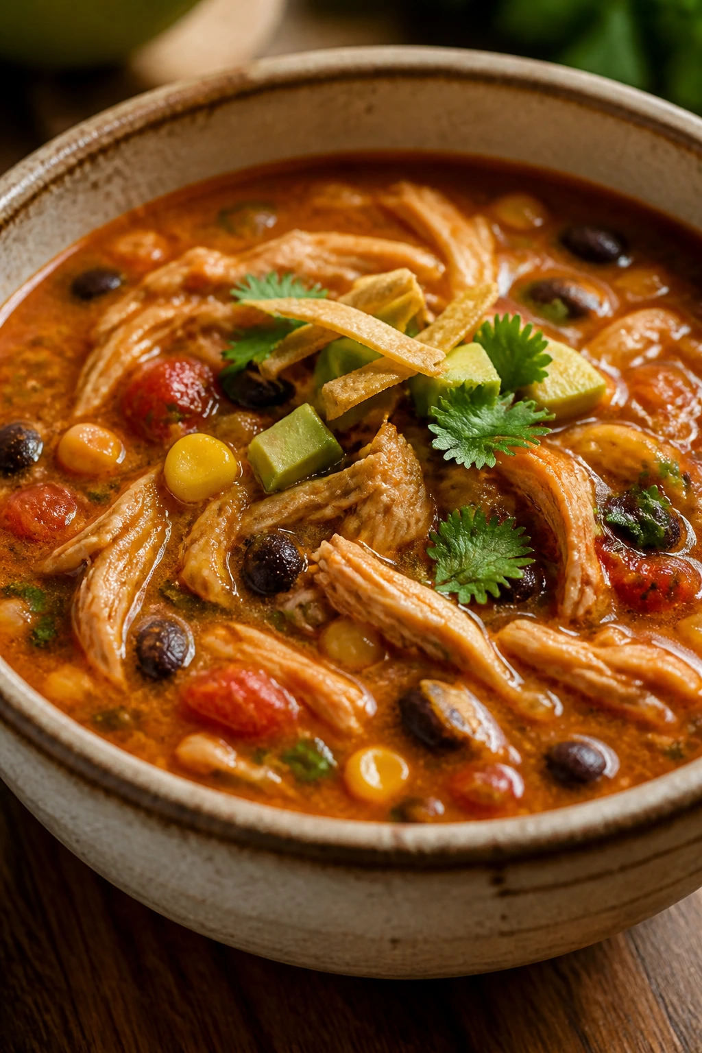 Chicken Enchilada Soup with chicken and beans in red enchilada sauce