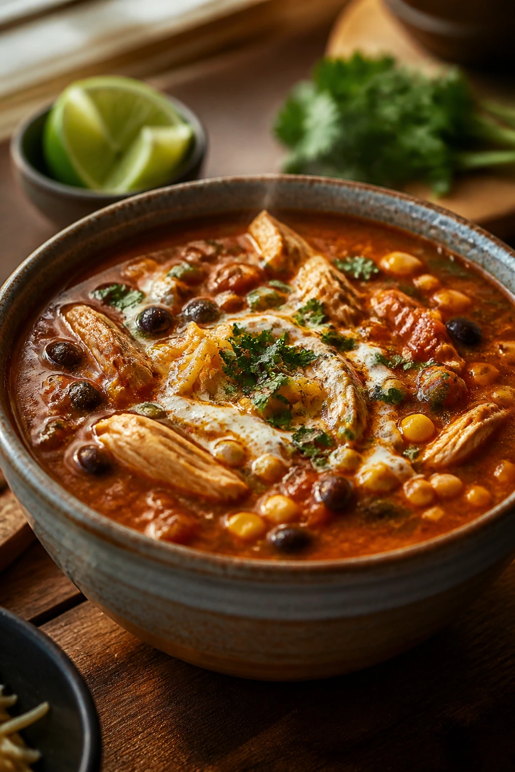 Close-up of hearty chicken enchilada soup in a rustic bowl with beans and corn