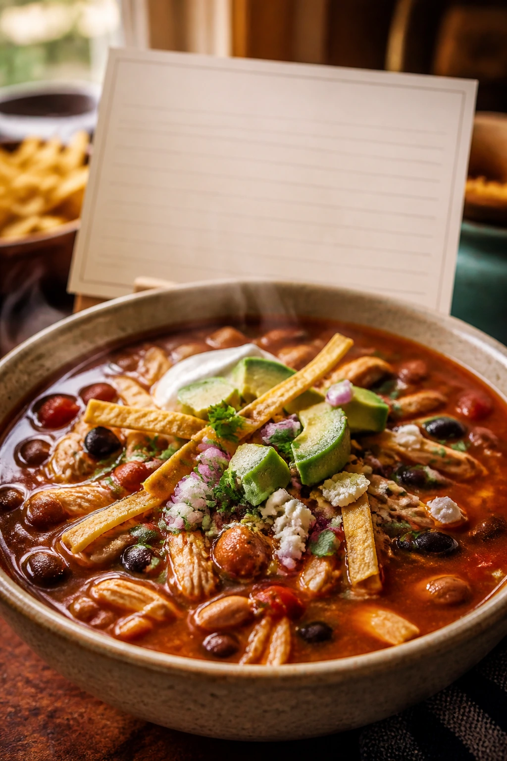 Close-up of a bowl of chicken enchilada soup with a blurred blank recipe card in the background.