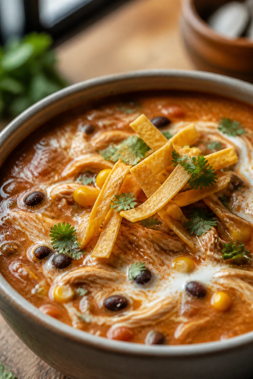 Steaming chicken enchilada soup with tortilla strips in a warm kitchen scene