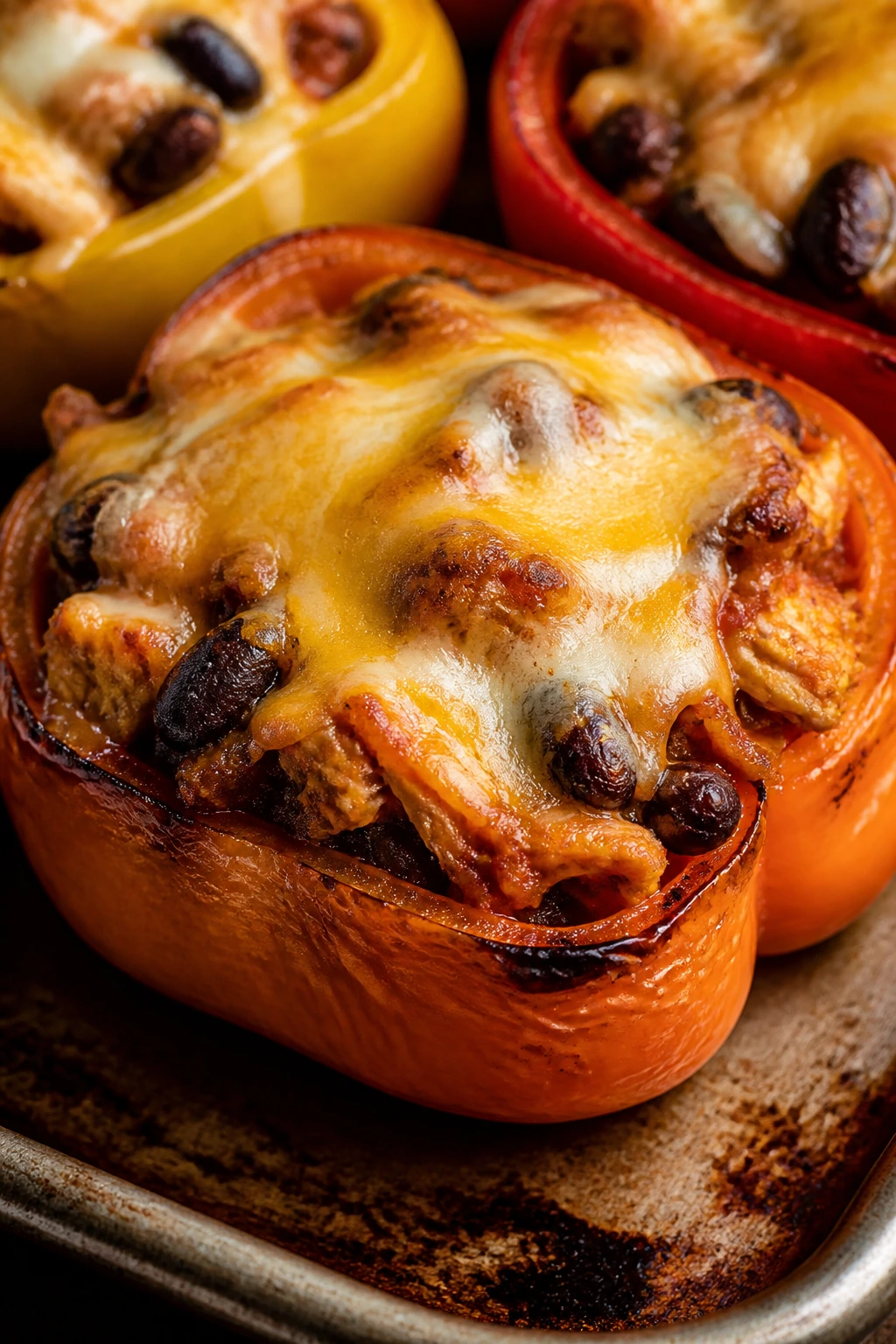 Close-up stuffed pepper half with chicken enchilada filling