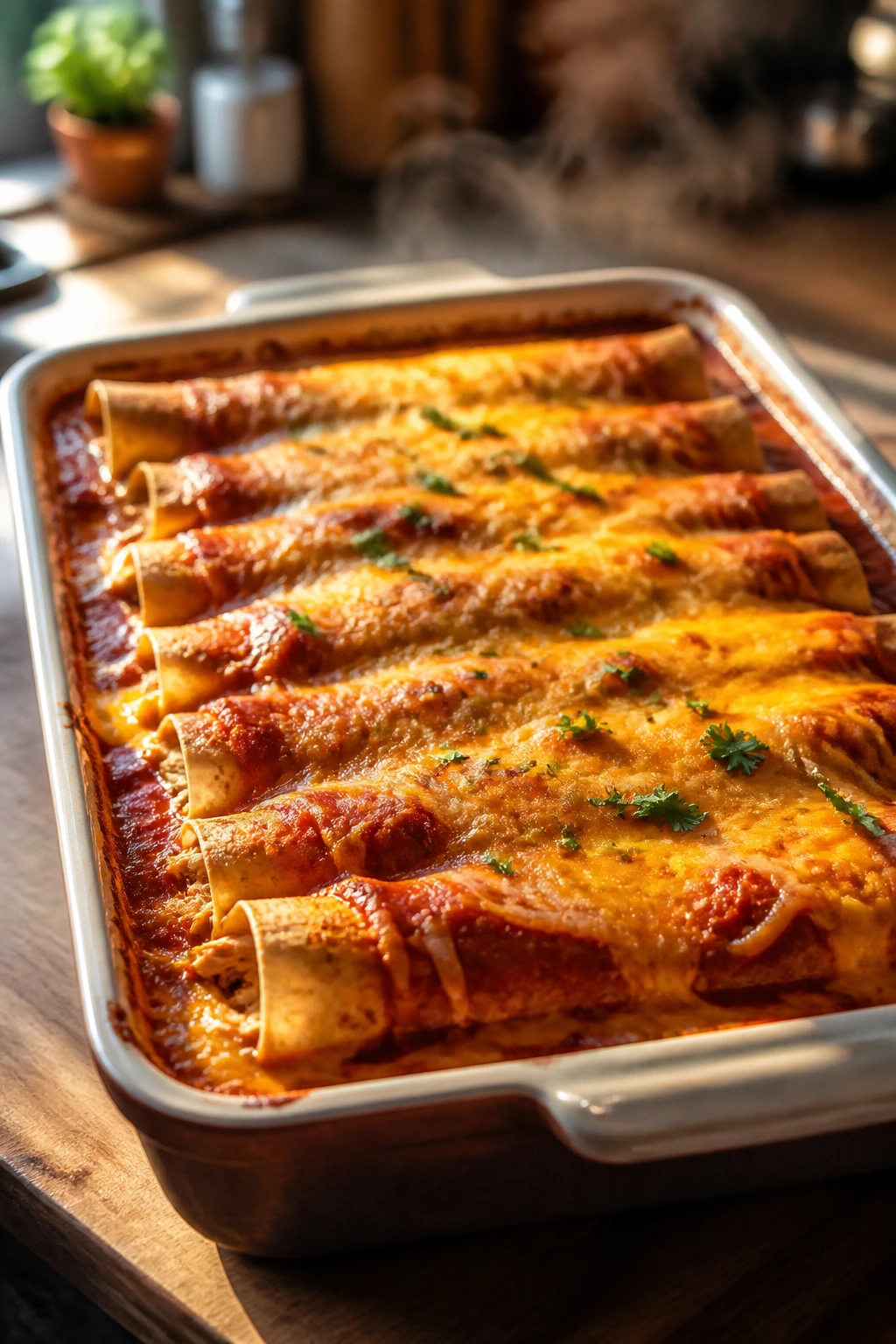 Close-up of chicken enchiladas bubbling in a baking dish with melted cheese