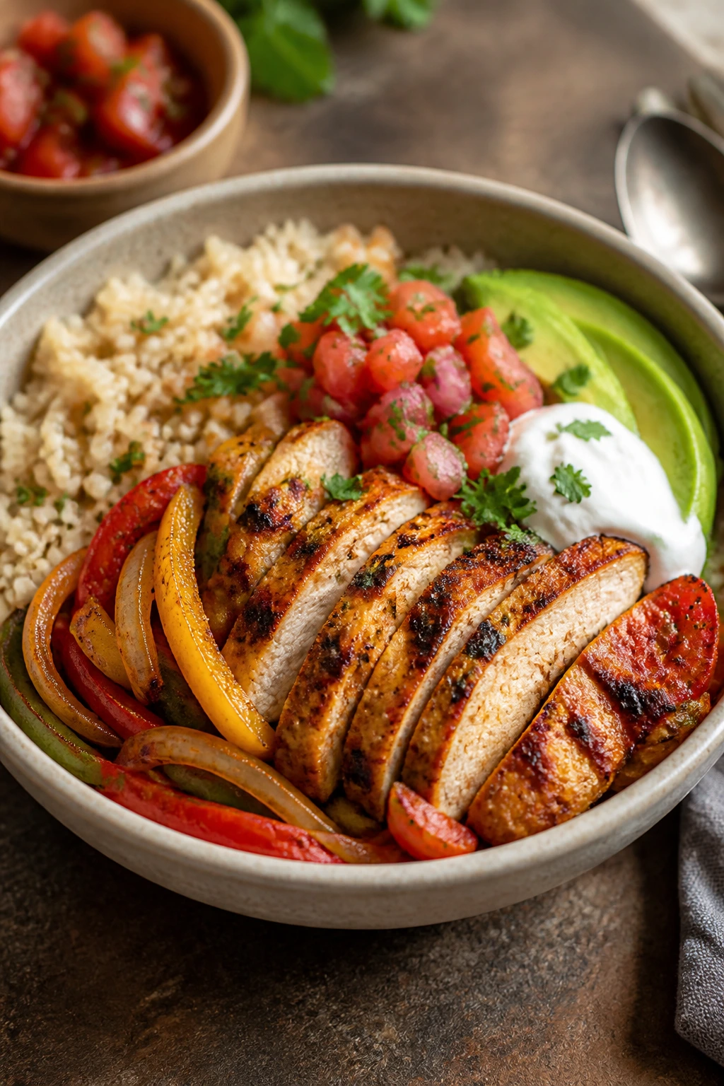 Close-up of chicken fajita bowl with peppers and onions