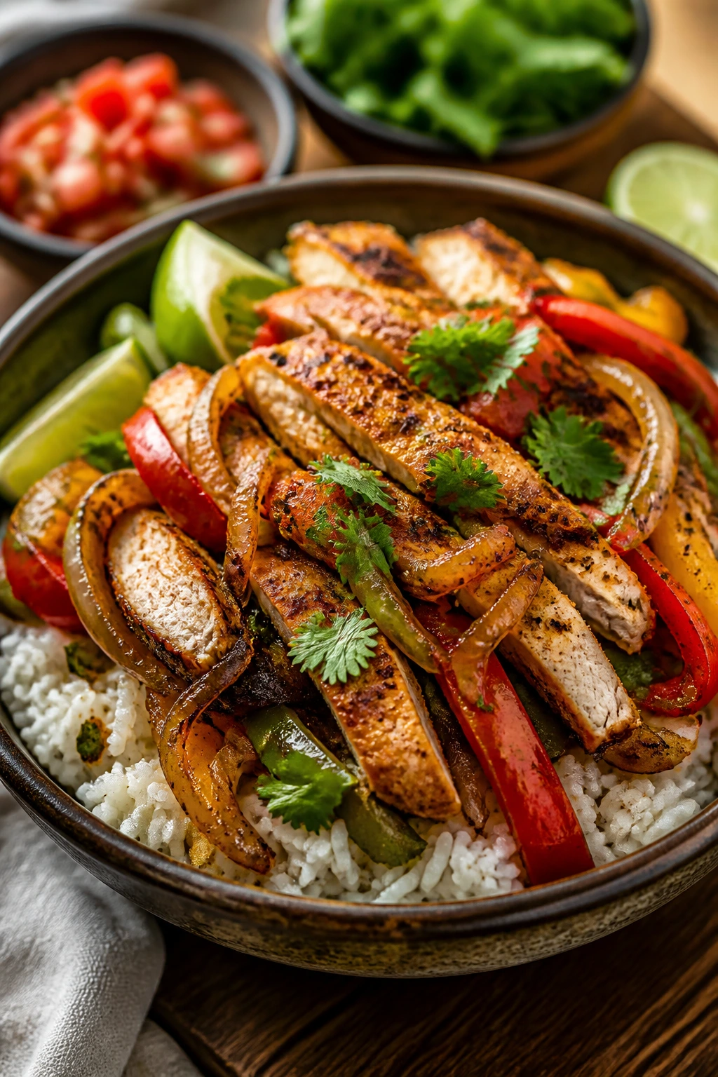 Close-up of chicken fajita bowl with peppers and rice