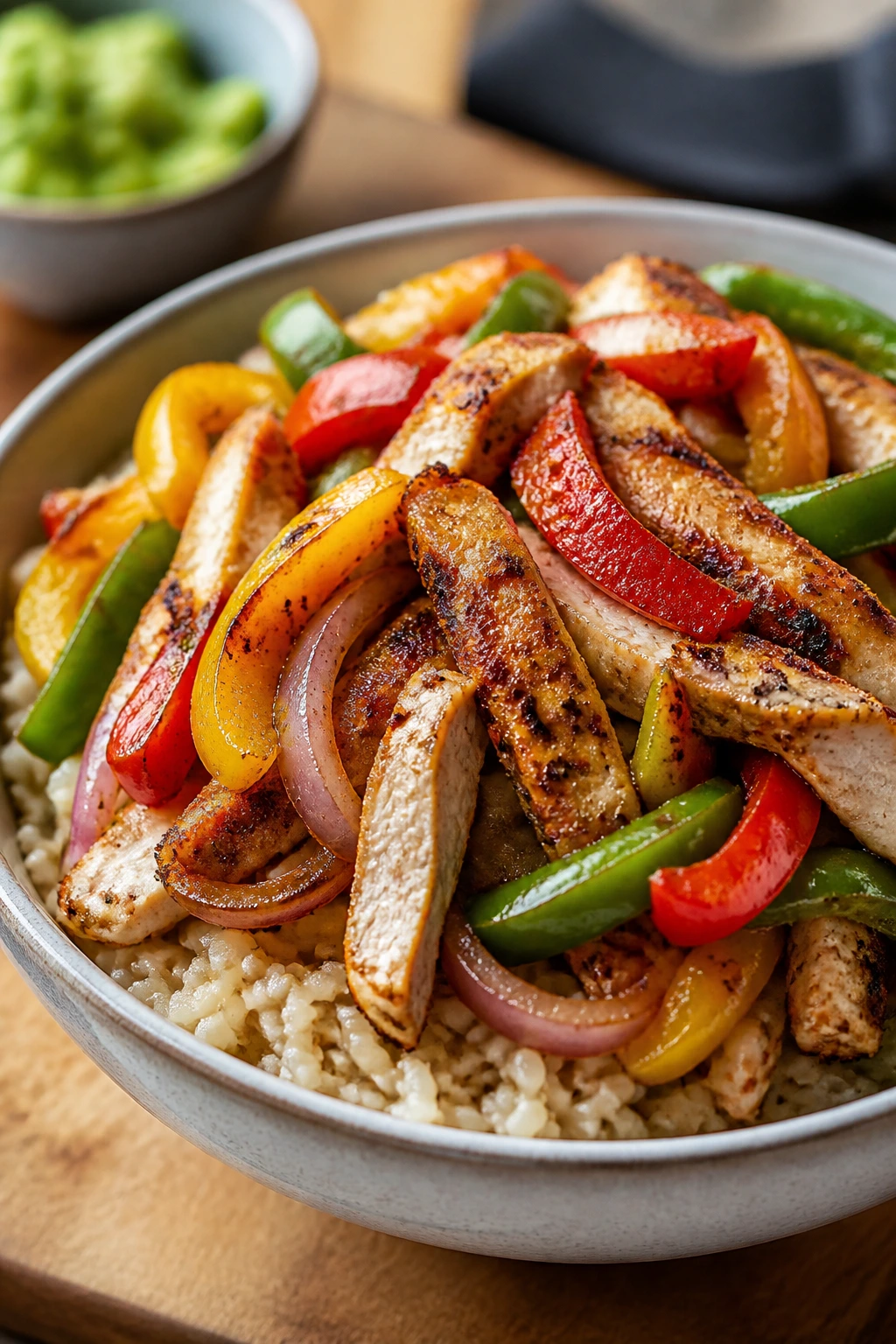 Close-up of chicken fajita bowls with peppers onions and rice in a home kitchen