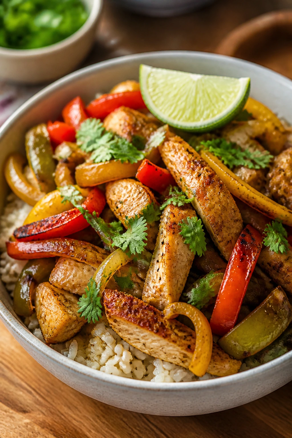 Bowl of sheet-pan style chicken fajita with peppers and rice
