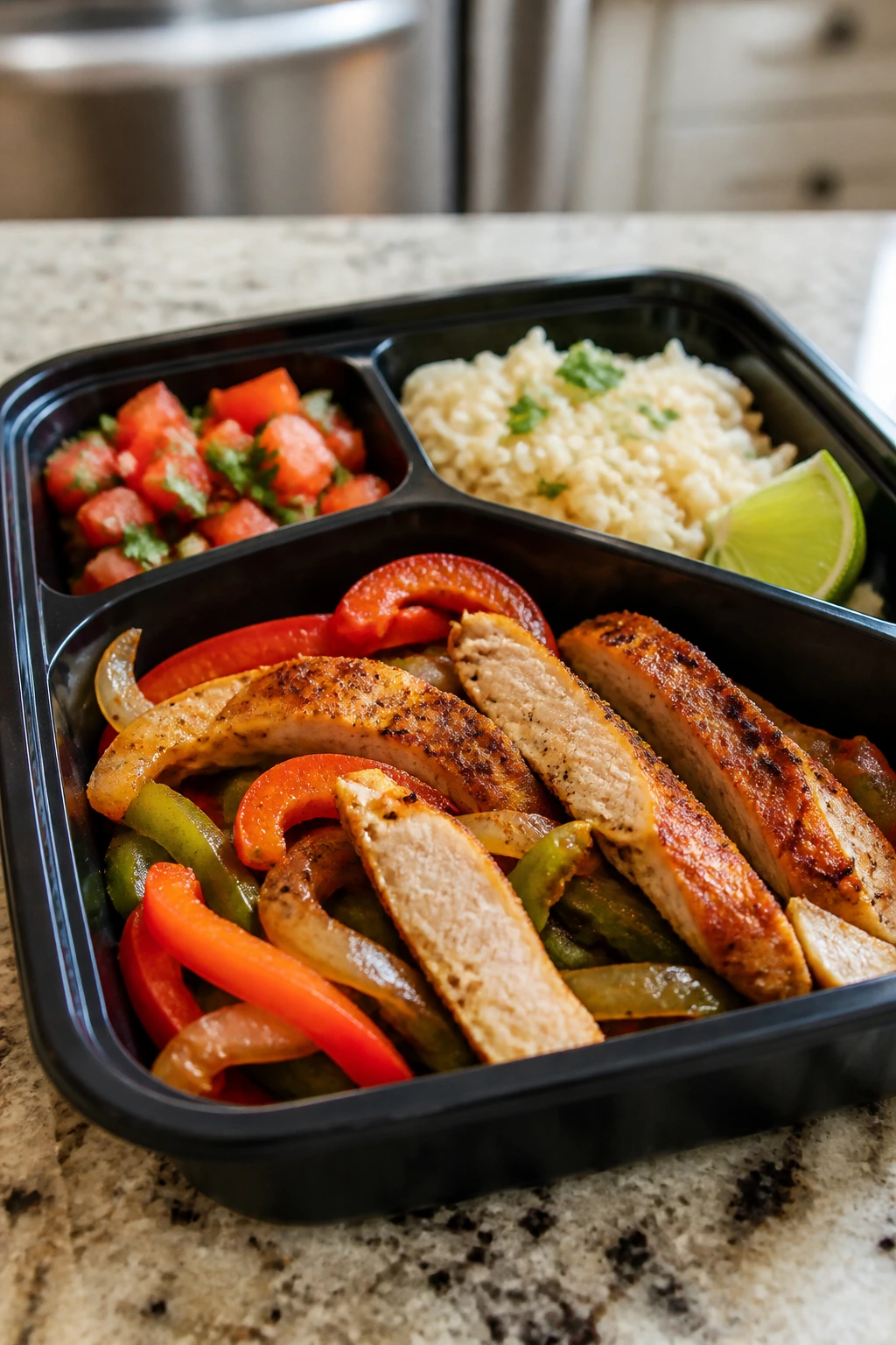 Chicken fajita meal prep box with peppers and rice