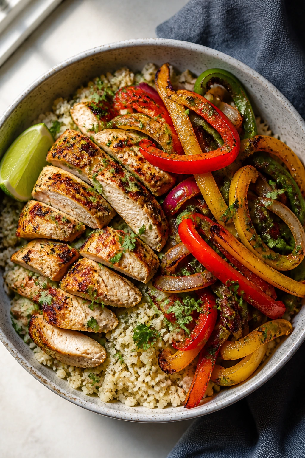 Chicken fajita cauliflower rice bowl with seared chicken and peppers.