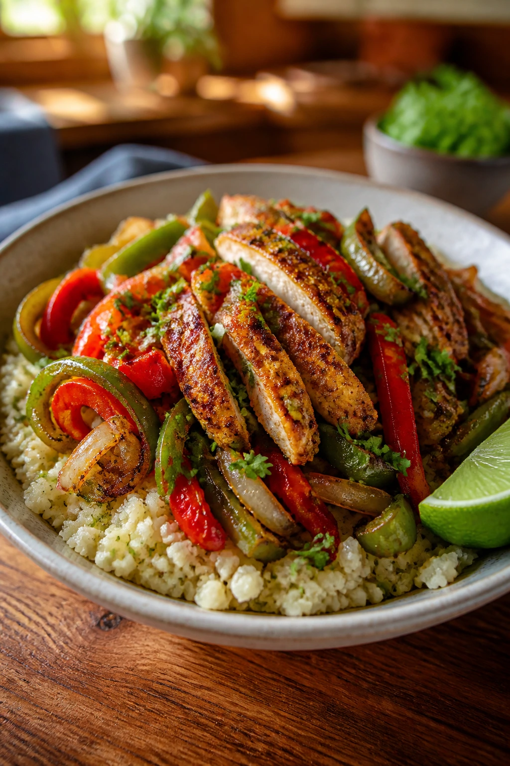 Close-up of chicken fajita cauliflower rice bowl with peppers