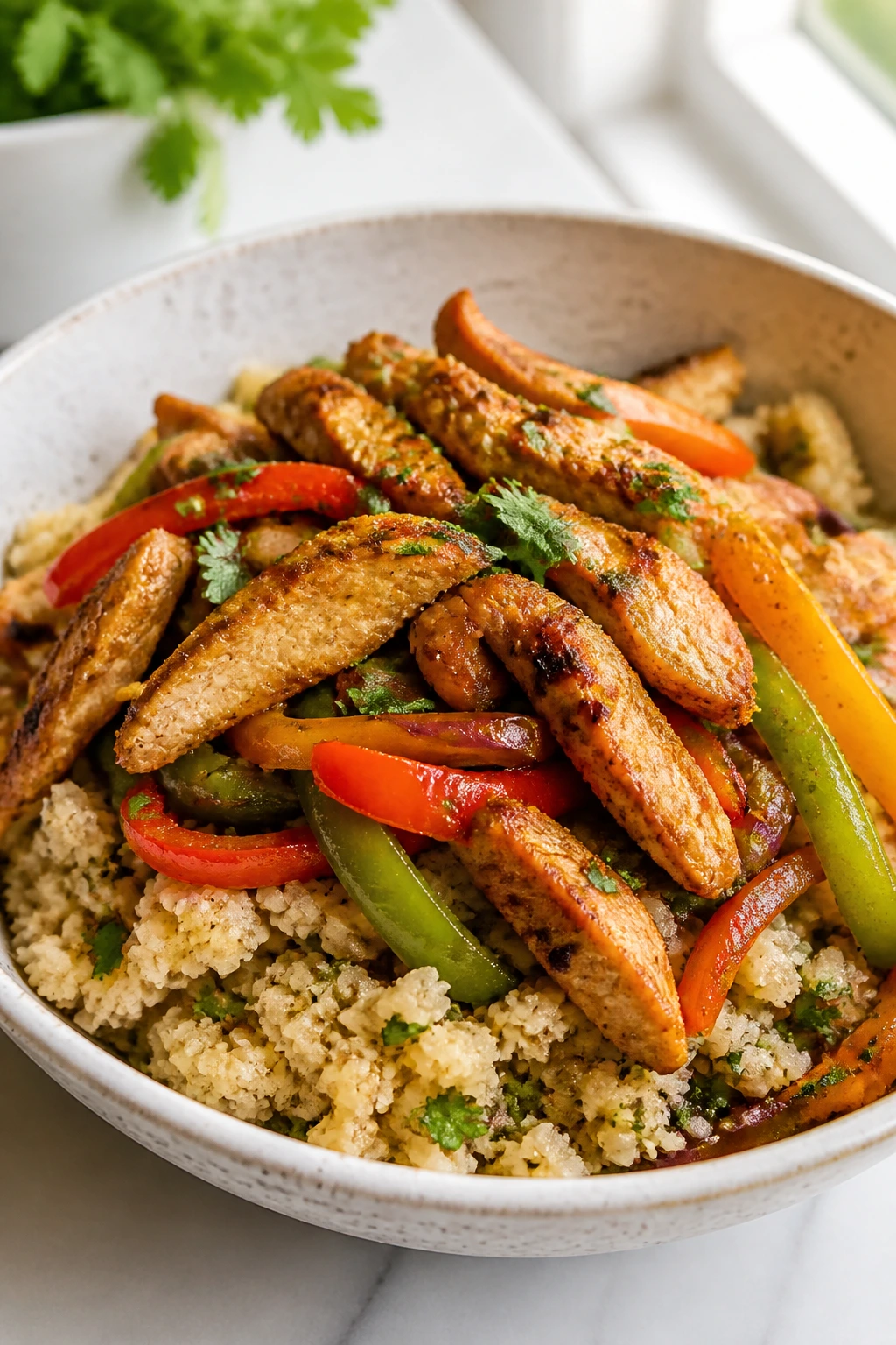 Close-up of chicken fajita cauliflower rice bowl with peppers in bright kitchen.