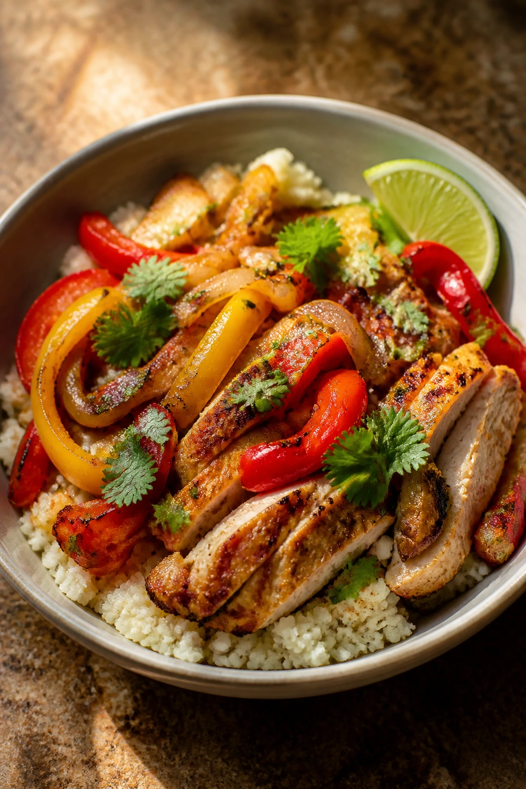 Close-up of a fajita cauliflower rice bowl with chicken and peppers