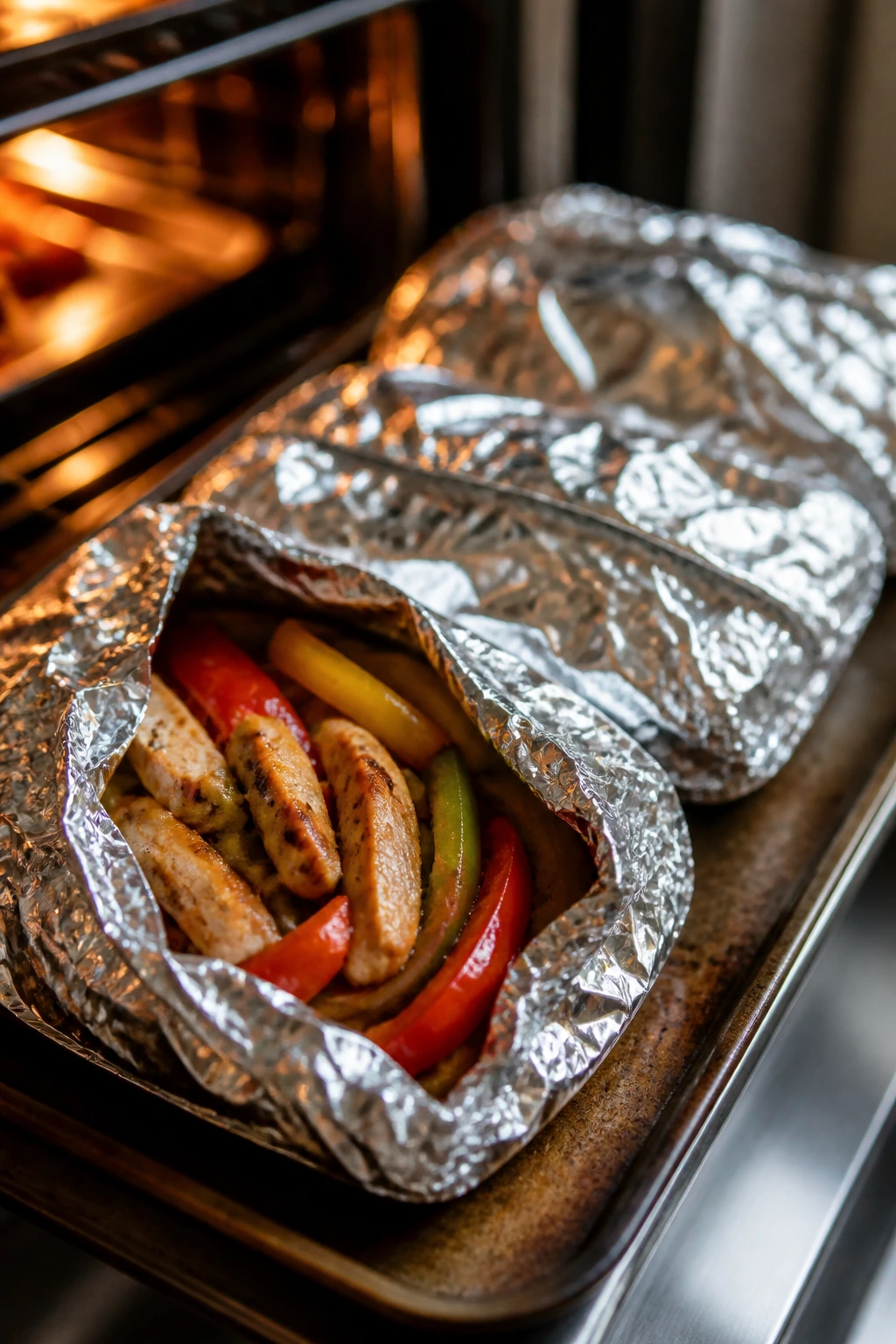 Foil packets of chicken fajitas on baking sheet