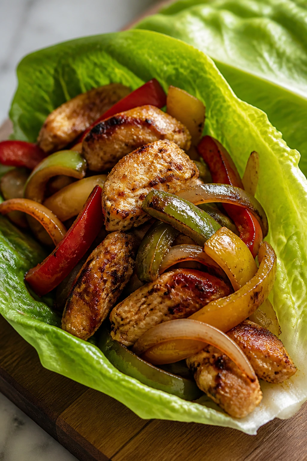 Close-up of a lettuce wrap filled with chicken fajita filling