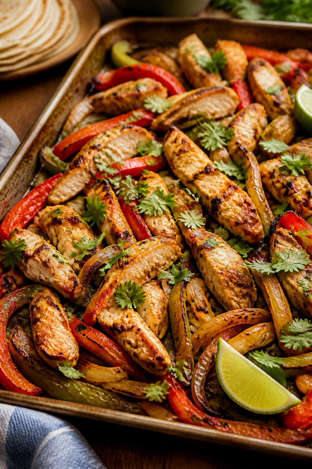 Close-up of a sheet pan with chicken fajita peppers and onions in a home kitchen