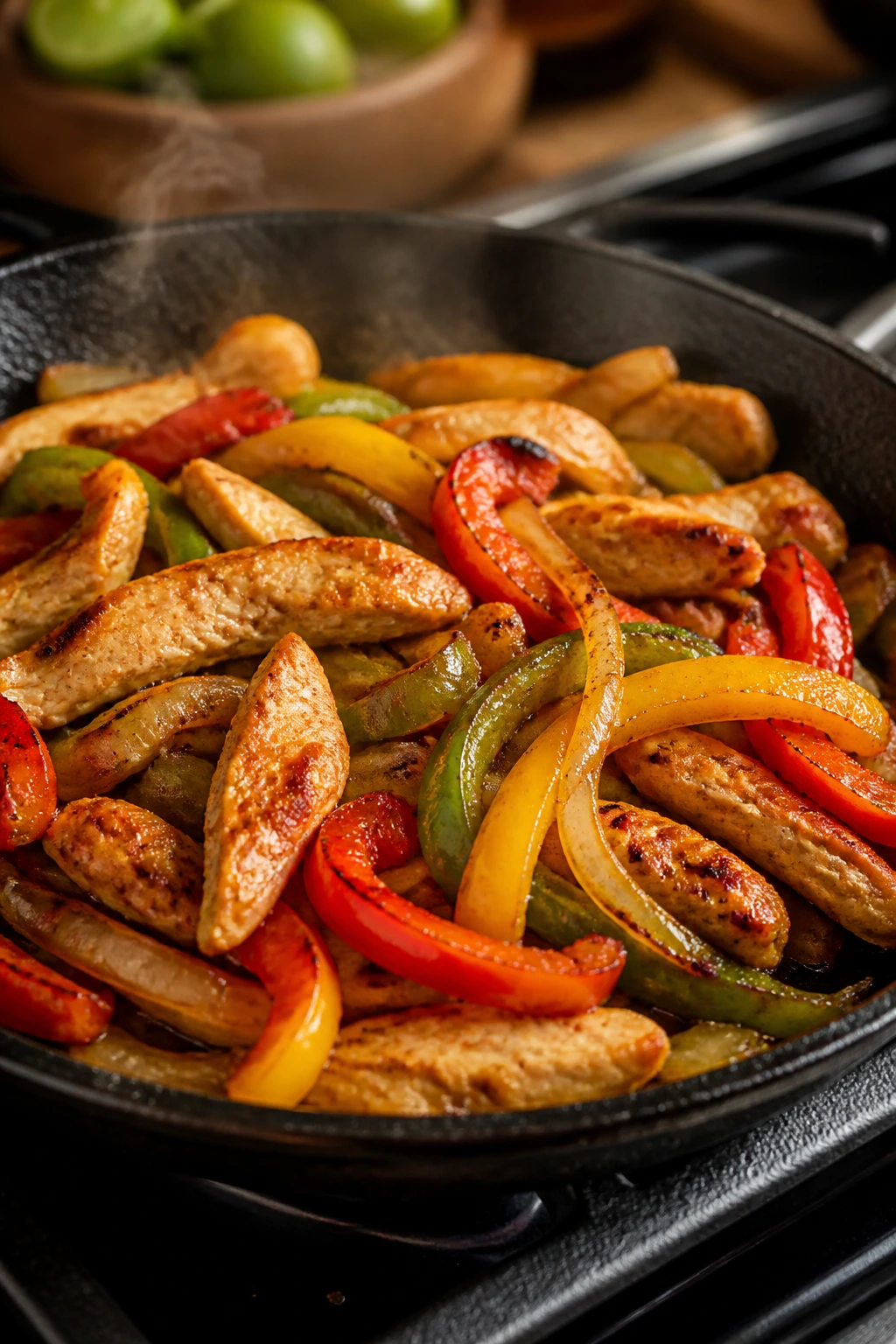 Close-up of chicken fajita skillet with peppers and onions sizzling in a pan