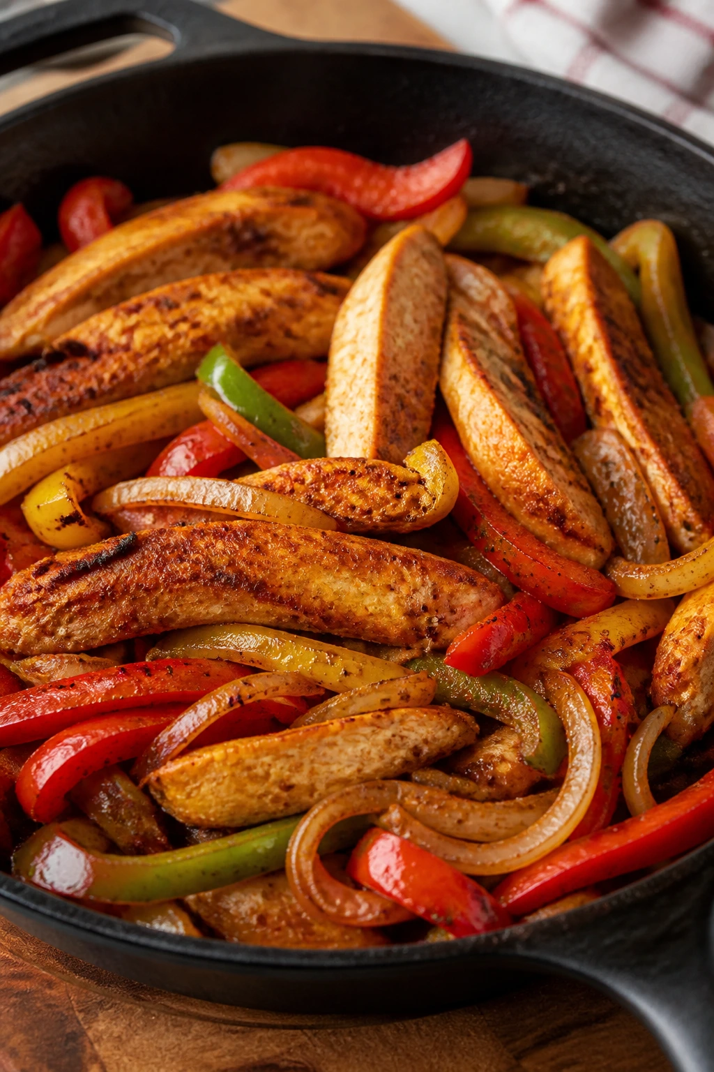 Close-up of chicken fajita skillet with peppers and onions