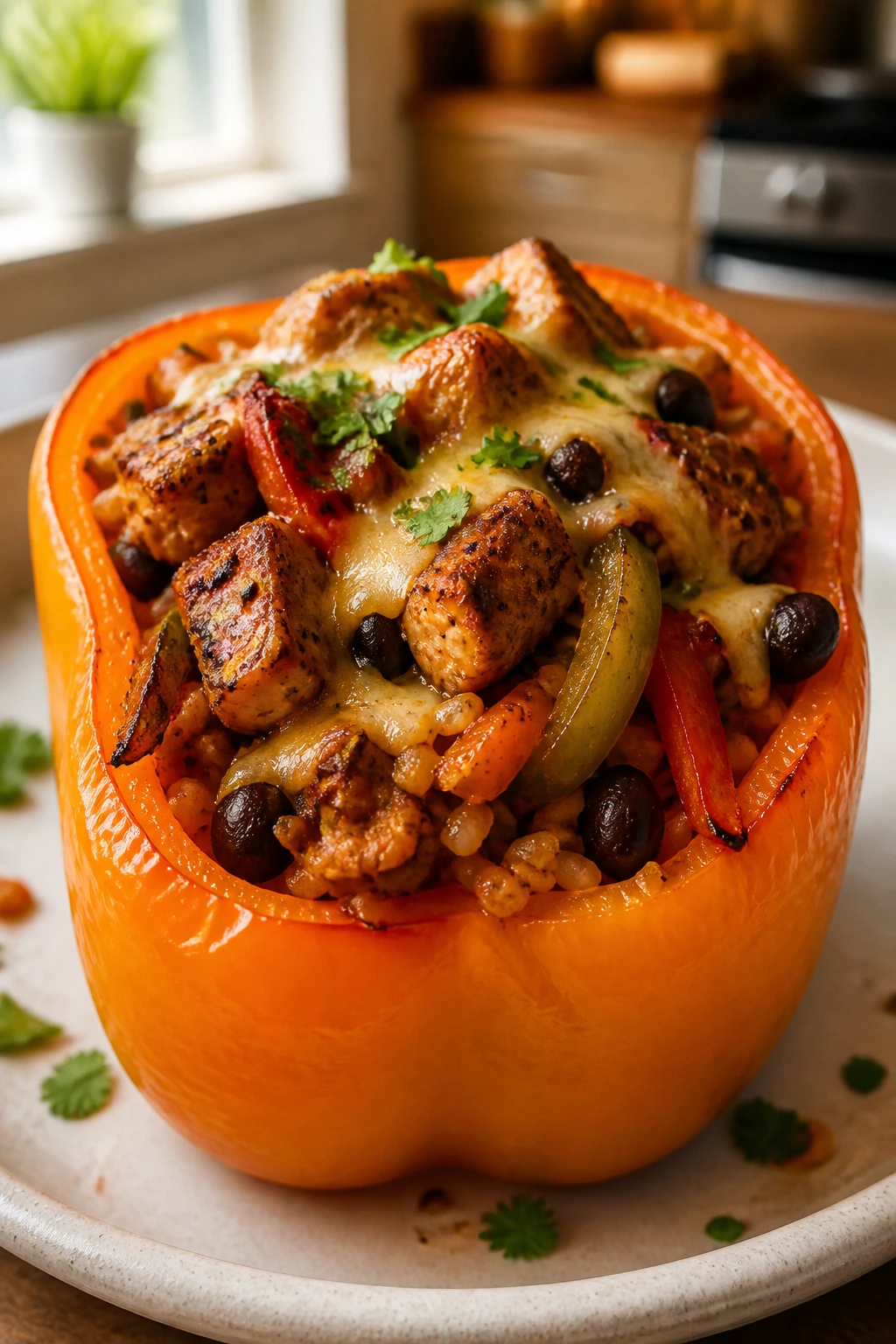 Close-up of a stuffed bell pepper half with chicken fajita filling on a plate