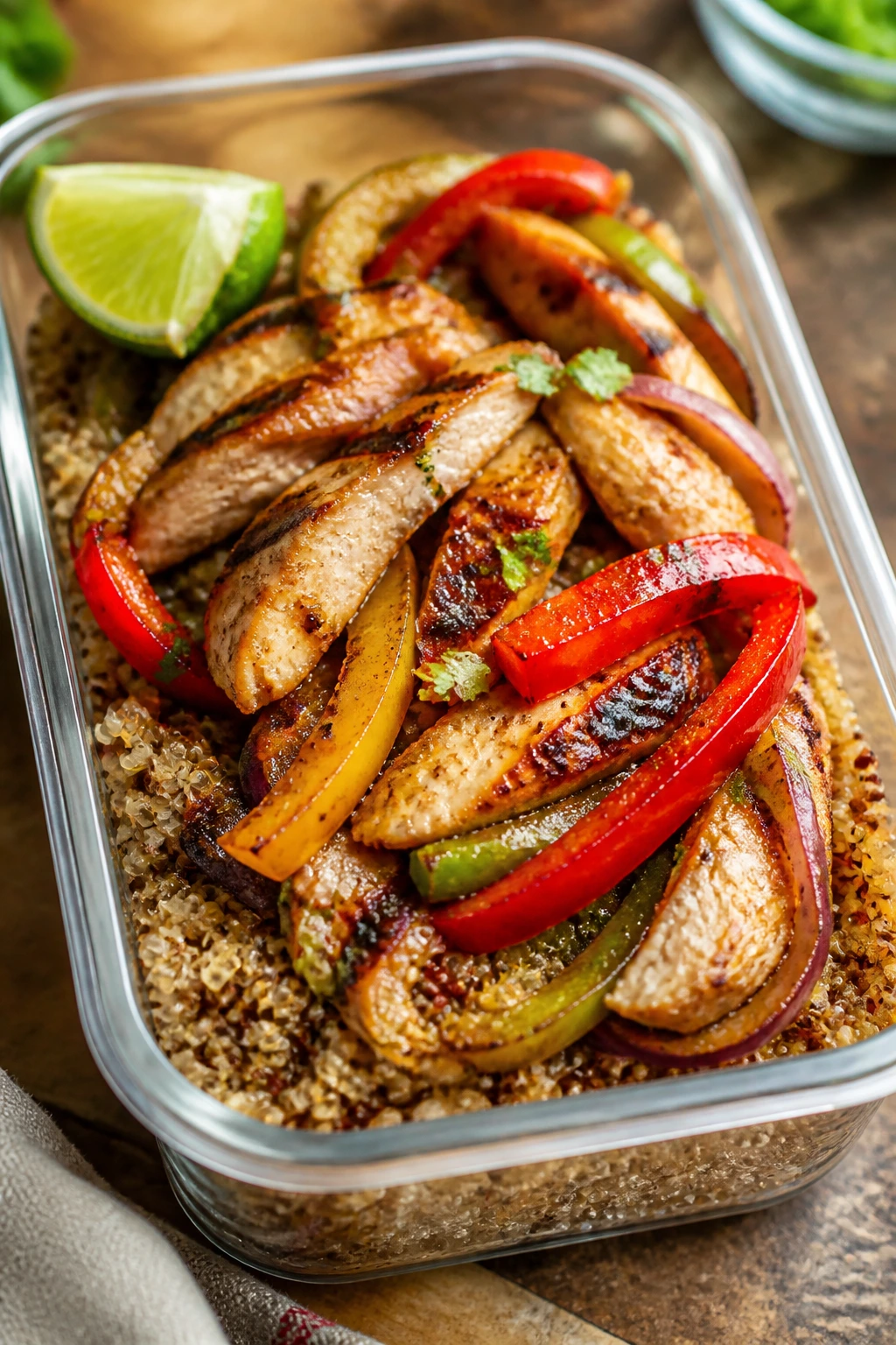 Close-up of Chicken Fajita Quinoa Boxes with quinoa, chicken and peppers