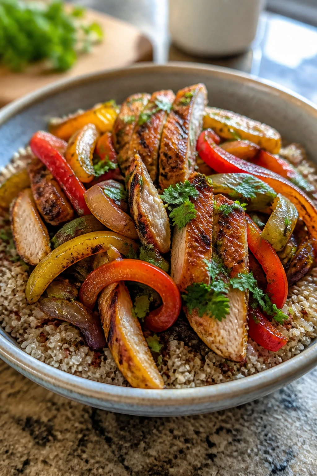 Chicken fajita quinoa bowl with peppers and onions