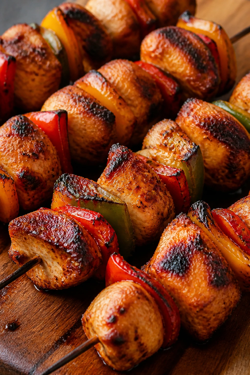 Chipotle chicken fajita skewers with peppers on a board