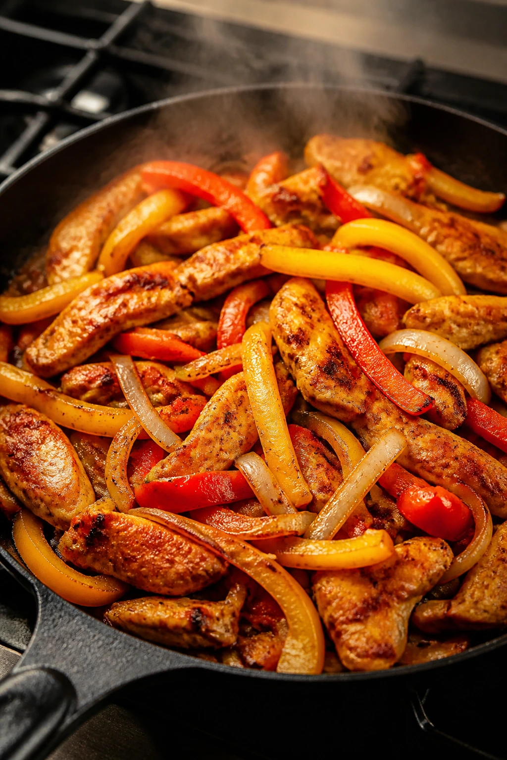 Close-up of chicken fajita skillet with peppers and onions