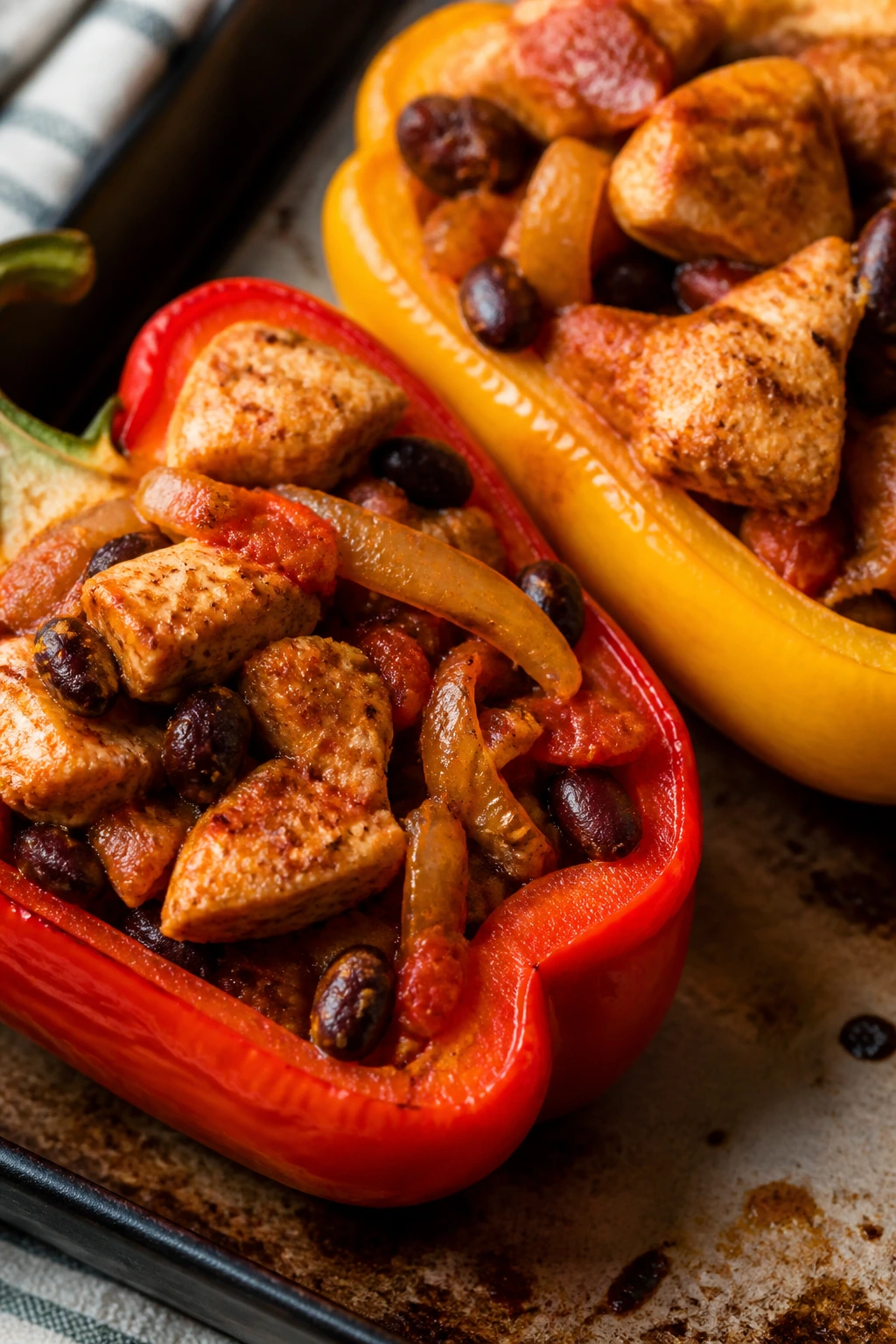 Stuffed peppers with chicken fajita filling on a plate