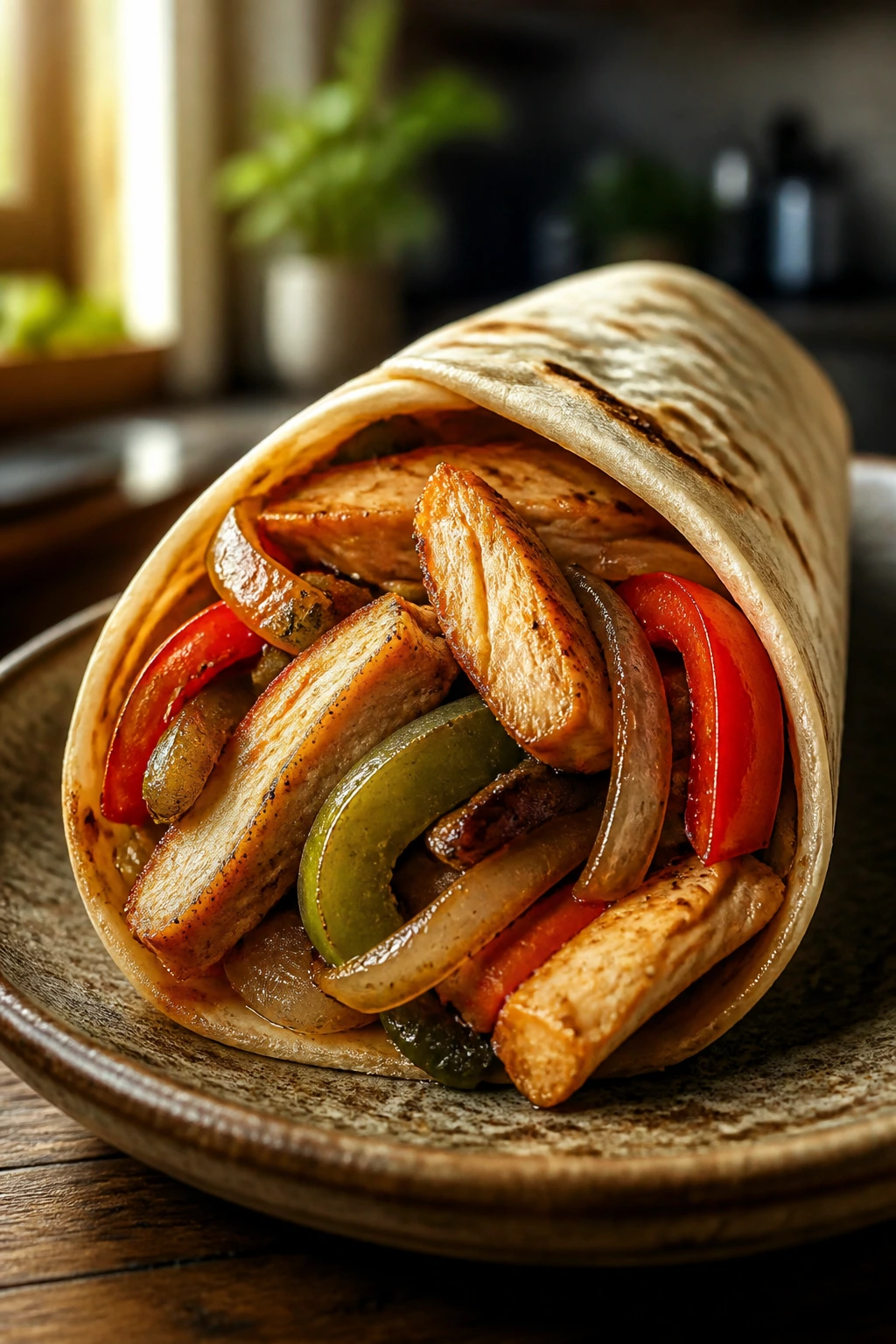 Close-up of a chicken fajita wrap cut open to show chicken and peppers on a rustic plate