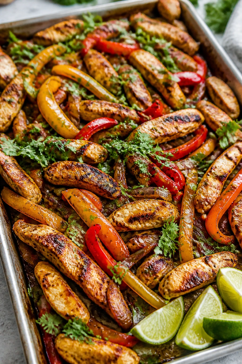 Sheet pan chicken fajitas with peppers, onions, lime and cilantro