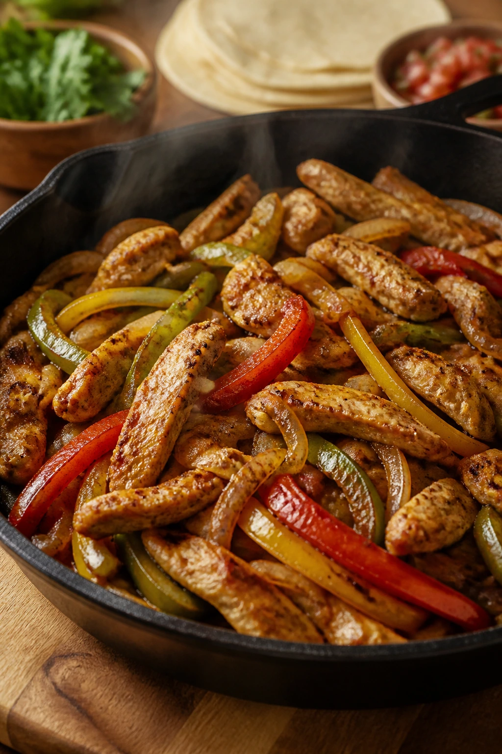 Sizzling chicken fajitas with peppers in a skillet