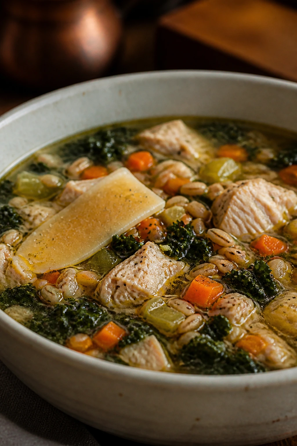 Steaming bowl of Chicken and Farro Soup with farro and kale.