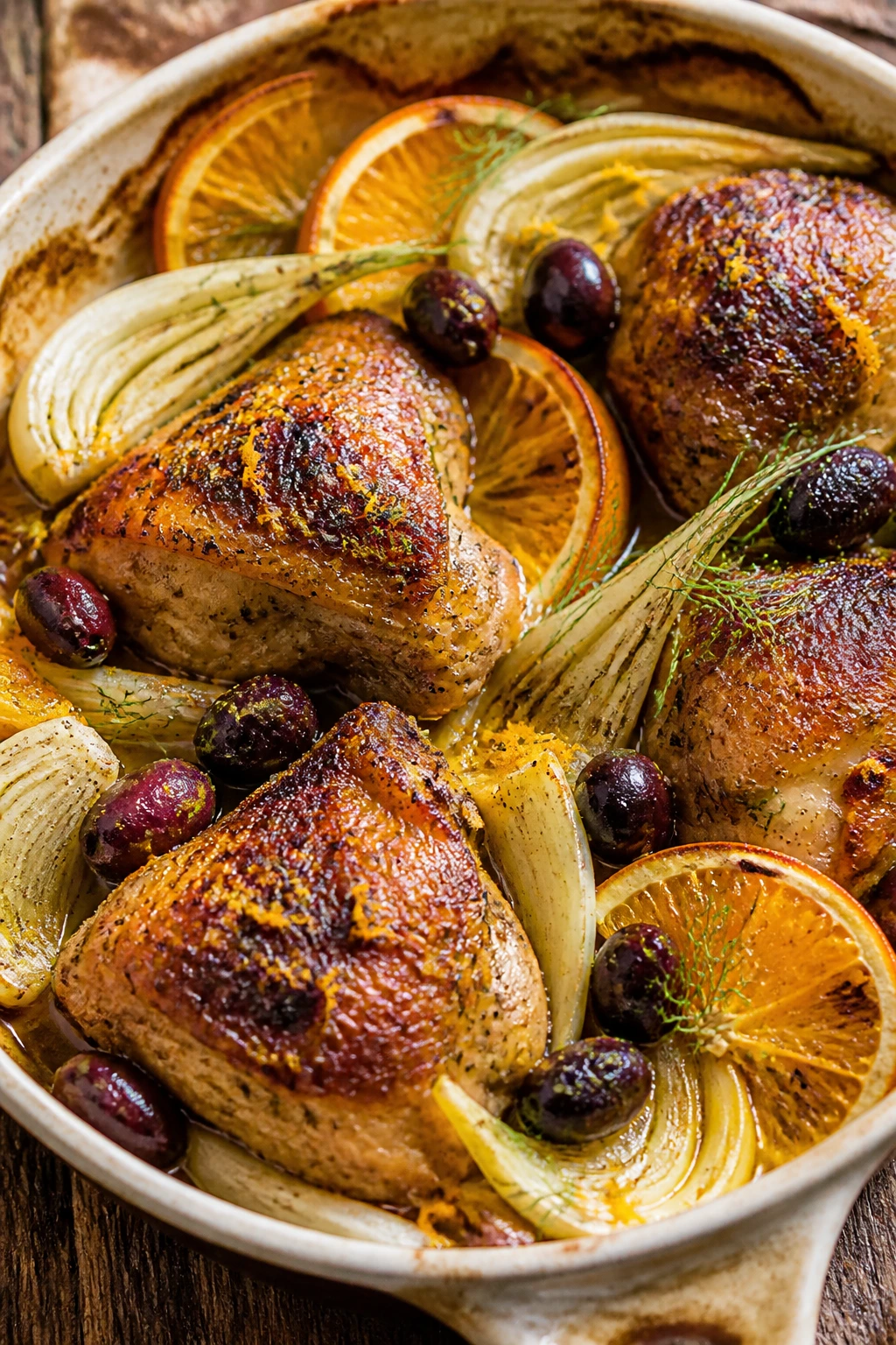 Roasted chicken with orange zest olives and fennel