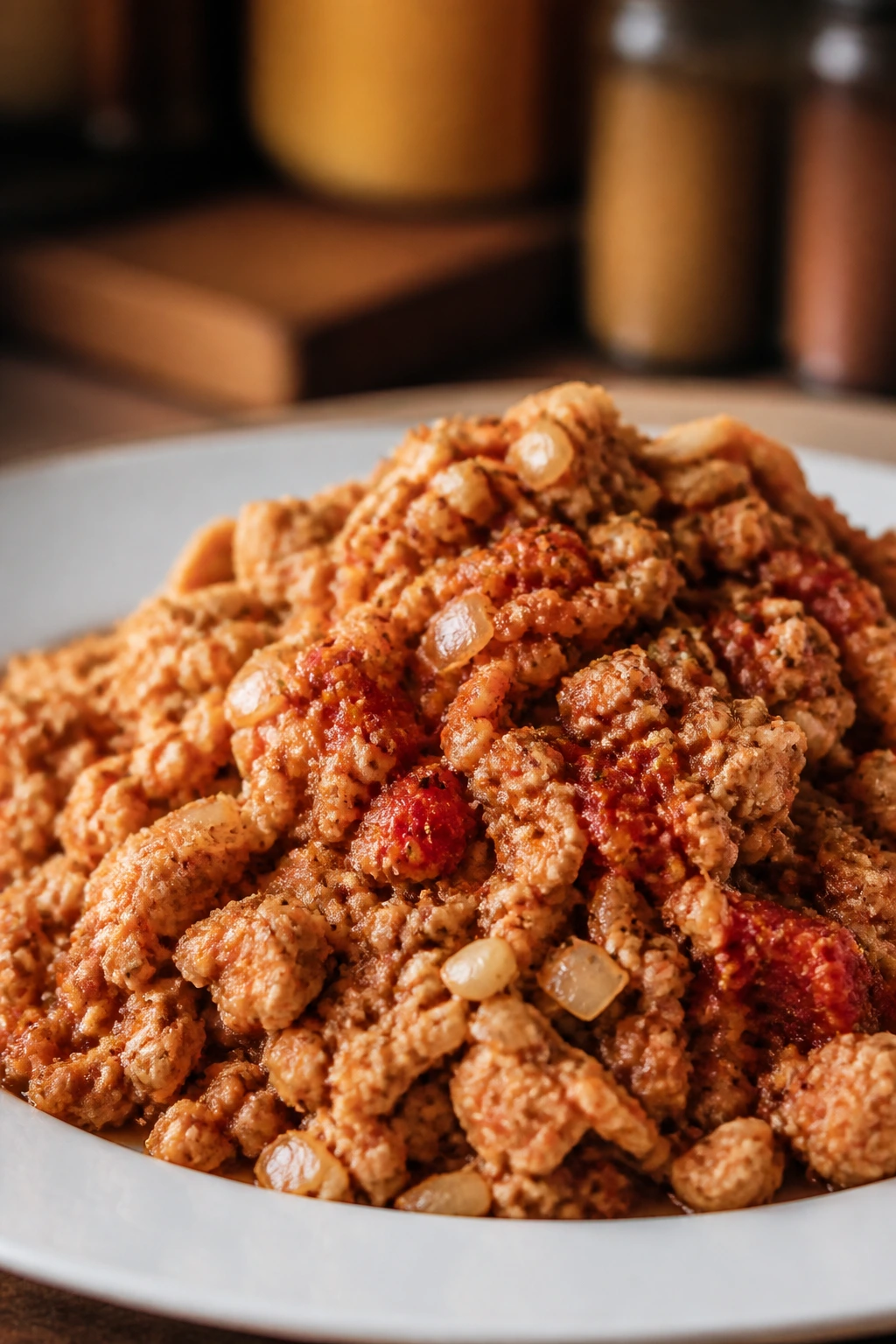 Close-up of seasoned chicken filling with onion and tomato paste